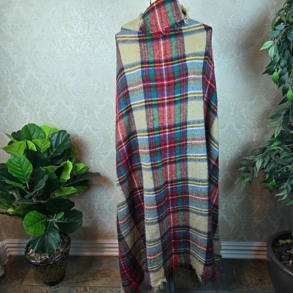 Large Square Plaid Blanket Scarf Red Green Cream Yellow Fringed Edges